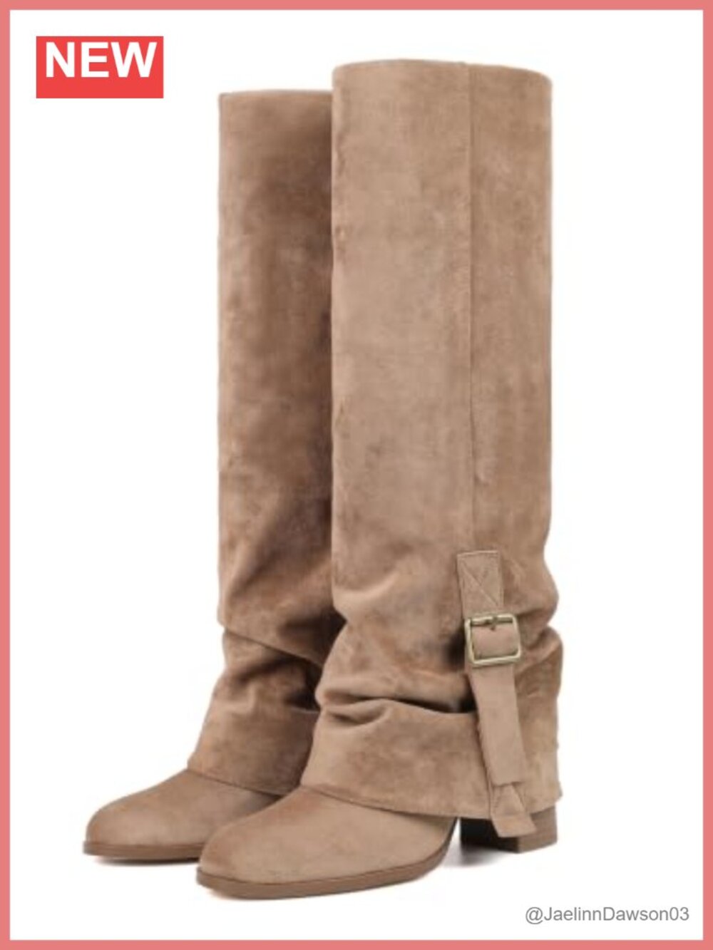 Fold Over Knee High Boots Buckle Slouchy Faux Suede Half Zip Block Heel Tall